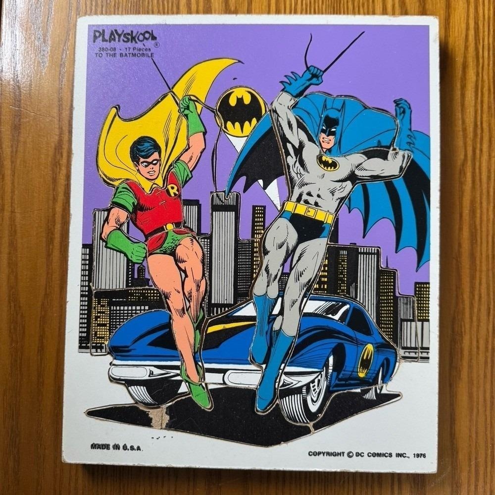 Playskool X DC Comics VTG Wooden Puzzle 1976 Batman Robin Batmobile 17 Pcs Toy